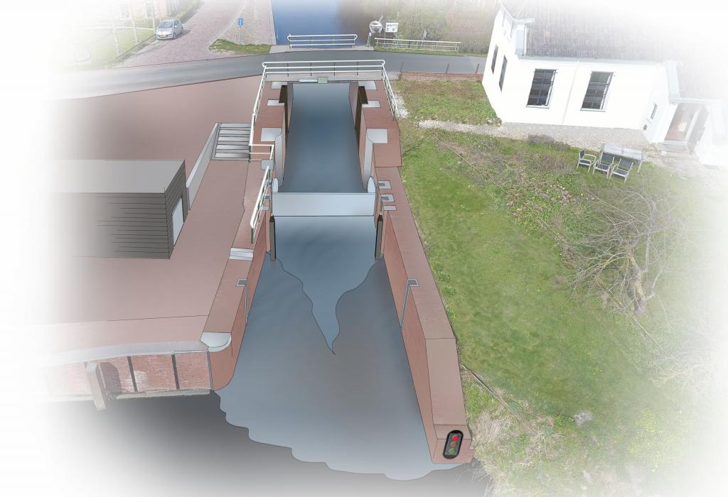 Indruk , beeld van de afsluitvoorziening van de Schouwerzijlsterstuw, de stuw is hier dicht. Als de afsluitingen wordt ingezet, zie je ten oosten van de sluis en brug een stalen klep tussen beide kademuren.