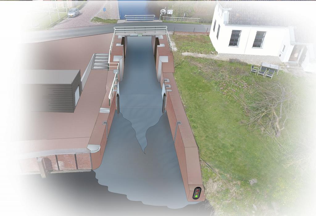 Indruk , beeld van de afsluitvoorziening van de Schouwerzijlsterstuw, de stuw is hier open. Bij normale weersomstandigheden is de klep weggewerkt in de bodem van de sluis waarbij de huidige doorvaartbreedte en doorvaartdiepe gehandhaafd blijven. In de kademuur ten oosten van de sluis en brug zijn dan alleen de zijkanten van de klep te zien.